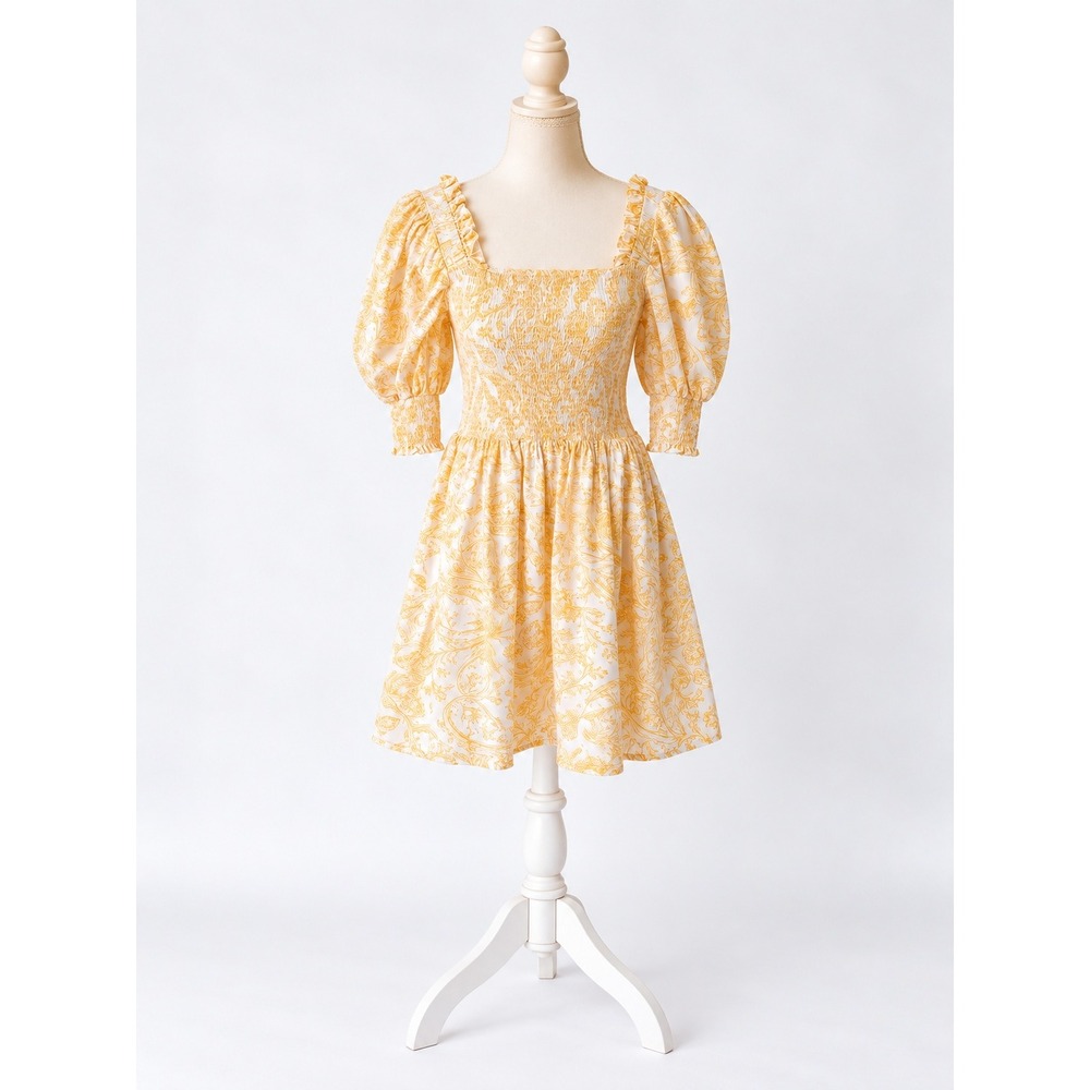 Cottagecore Boho Mini Dress 1.STATE Yellow Paisley Smocked Puff Sleeve M